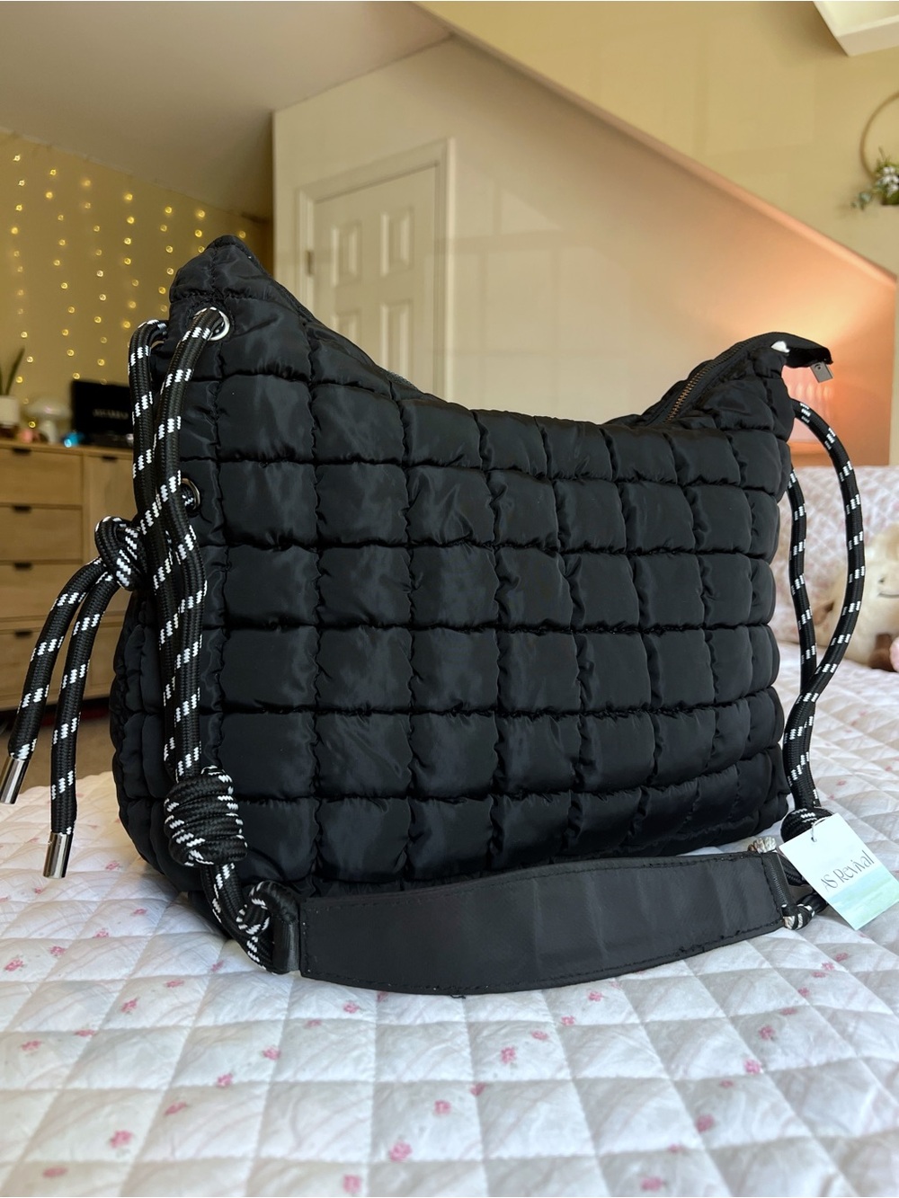 NWT Altar’d State Revival Black Quilted Puffer Rope Crossbody Tote Bag Purse